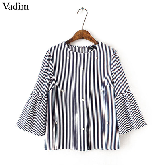 Vadim stylish pearls beading striped shirts - VADIM