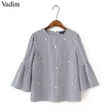 Vadim stylish pearls beading striped shirts - VADIM