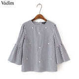 Vadim stylish pearls beading striped shirts - VADIM