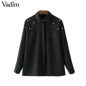 Vadim elegant beading pearls black shirts - VADIM