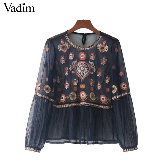 Vadim women vintage floral embroidery mesh shirts - VADIM