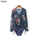 Women sexy deep V neck floral print bodysuit shirt - VADIM