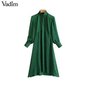 Vadim women elegant pleated solid midi dress ruffled collar female - VADIM