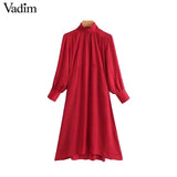 Vadim women elegant pleated solid midi dress ruffled collar female - VADIM