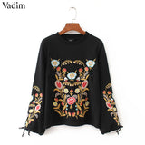 Women Embroidery floral pattern black sweatshirts long wide sleeve - VADIM