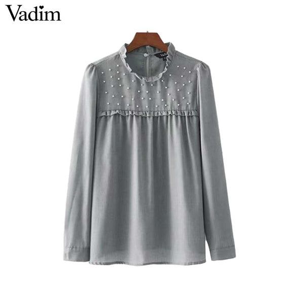 Vadim elegant ruffled pearls beading shirts long sleeve - VADIM