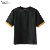 Vadim women elegant plaid shirt houndstooth short sleeve o neck - VADIM