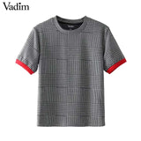 Vadim women elegant plaid shirt houndstooth short sleeve o neck - VADIM