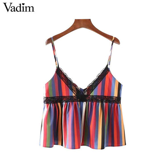 Vadim sexy lace patchwork color striped crop tops V neck - VADIM