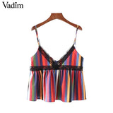 Vadim sexy lace patchwork color striped crop tops V neck - VADIM