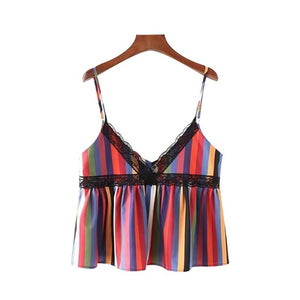 Vadim sexy lace patchwork color striped crop tops V neck - VADIM