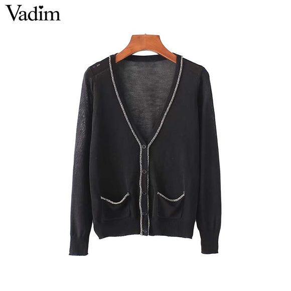 Vadim women V neck black white cardigans - VADIM